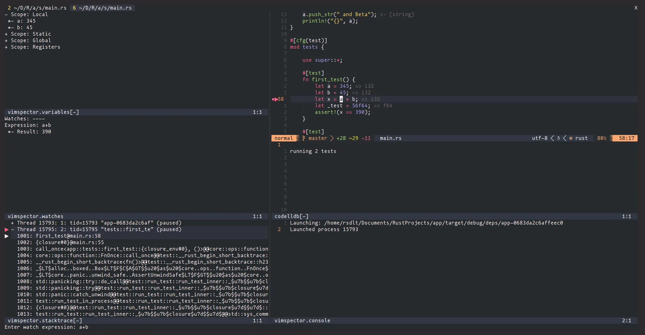 Rust debugging a test in Neovim with Vimspector and CodeLLDB